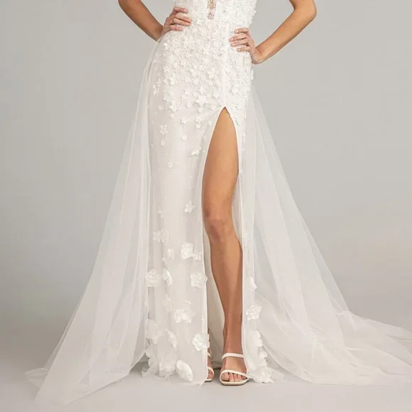 Rhinestone Embellished Mesh Mermaid Dress w/ 3-D Flower and Detached Layer G3011
